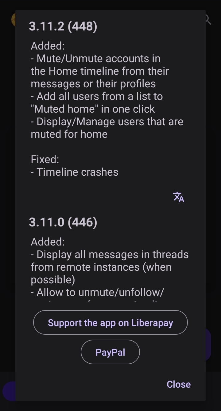 A message showing the changelog of Fedilab